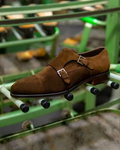 Handgefertigte Lederschuhe Herren braun Doppel Mönch Streptokken Wildleder formeller eleganter Schuh - Bild 1 von 5