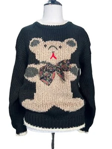 Vintage Evian II Sweater Small Black Teddy Bear Hand Knit Fabric Bow 80s Chunky - Picture 1 of 10