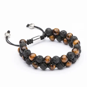 Brazalete de piedra ojo de tigre de 8 mm + brazalete de lava tejido a mano pulsera volcánica - Imagen 1 de 5