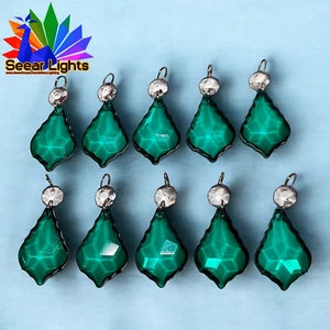 10 PFAUENGRÜNER KLEUCHTER GESCHNITTENER GLASKRISTALLE PERLEN ANTIK BLATT VINTAGE-STIL - Bild 1 von 10