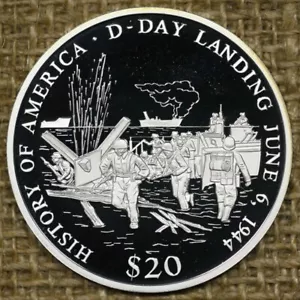 2001 LIBERIA - $20 DOLLARS - WWII D-DAY LANDING 1944 - 2/3 Oz PROOF SILVER CROWN - Picture 1 of 3