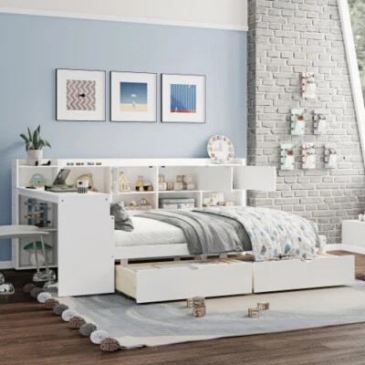 Twin Full Daybed with Storage Drawers Bookcases & Desk Sofa Bed Wood Bed Frames - Image 1 of 4