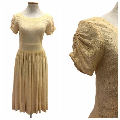 Vintage VTG 1940s 1950s Beige Yellow Sheer Floral Tea Dress - Image 1 of 4