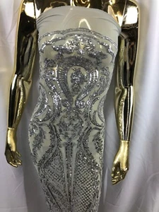 Silver Sequins Fabric 4 Way Stretch Embroidered Lace Fabric Silver Mesh By Yard - Picture 1 of 9