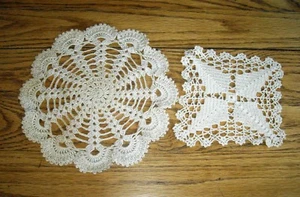 Vintage Beige Doily Crocheted 9 1/2" Round & 6" Square Table Scarf ~ Set of 2 - Picture 1 of 6