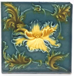 Antique Fireplace Tile Moulded Majolica Floral Design C1902 AE2 - Picture 1 of 3