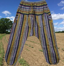 Boho Harem Pant Seersucker Stripe Cotton Boho Blue Gray Hippe Gypsy Pajama SML