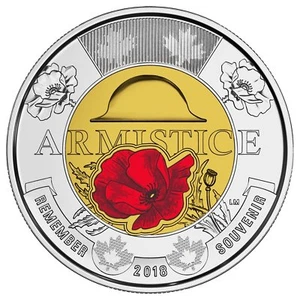 2018 Canada 2 Two Dollars Armistice Poppy BU Coloured Toonie Coin - Picture 1 of 2