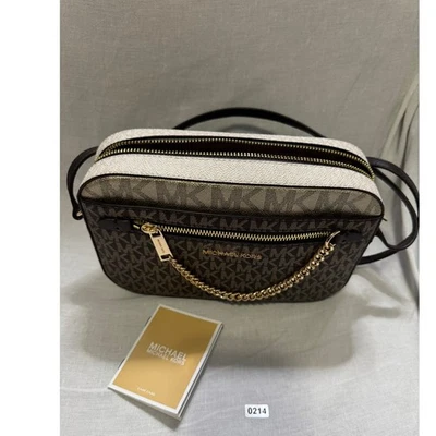 MICHAEL KORS Jet Set Travel Logo Camera Bag Brown White Gold Chain#214 - Image 1 of 4
