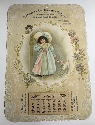 1901 Die Cut Advertising Calendar Sign Cute Girl & Dog Tradesmen Life Insurance - Image 1 of 4