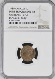 1980 Canada 1 Cent MINT ERROR, Struck on Israel 10 NA Planchet - NGC MS62 RB - Picture 1 of 6