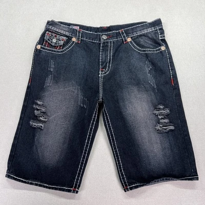 True Religion Shorts Men's 40 Distressed Denim Red Stitch Made USA Flap Pocket - Image 1 of 4