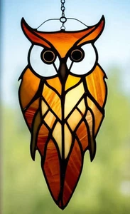 Natural Brown SPIRIT OWL Detailed Authentic Bird Stained Glass WINDOW SUNCATCHER - Picture 1 of 24
