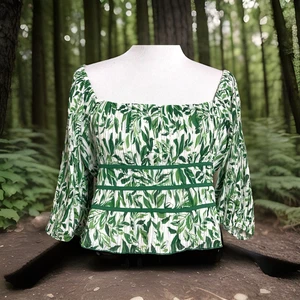 Allie Rose Off Shoulder Smocked Ruffle 3/4 Sleeve Tunic Top Sz L Leafy Print - Picture 1 of 12
