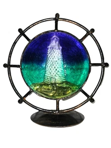Vintage Stained Glass Lighthouse Gold Metal Tea Candle Votive Holder Blue/Green - Picture 1 of 5