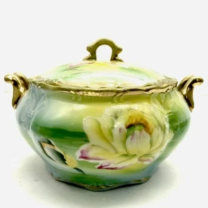 Vtg I.E. & C. Co Lidded Serving Bowl Hand Painted Gilded 2 Handles Moriage Japan - Picture 1 of 11