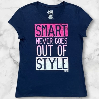 Justice девочки футболка размер 14 Smart никогда не выходит из стиля темно-синий розовый EUC - Изображение 1 из 4