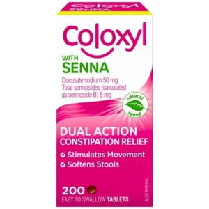 Coloxyl with Senna 200 Tablets Dual Action Constipation Relief Softens Stools - Picture 1 of 1