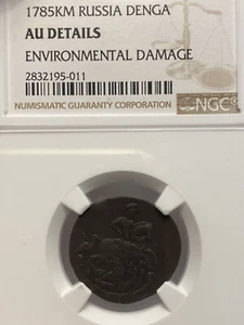 1785 Russia Denga KM NGC AU RARE Catherine II (1762-1796) 1/2 Kopek Overstrike! - Picture 1 of 4
