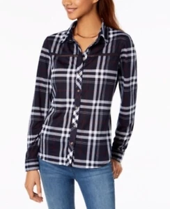 Polly & Esther Juniors' Lattice-Trim Plaid Button-Up Shirt Small - Picture 1 of 1