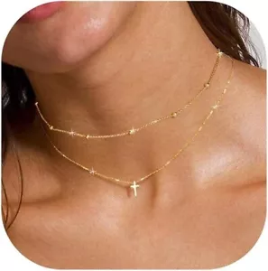 14K Gold Layered Cross Necklaces for Women,Tiny Small Sideways Cross Necklace - Picture 1 of 4
