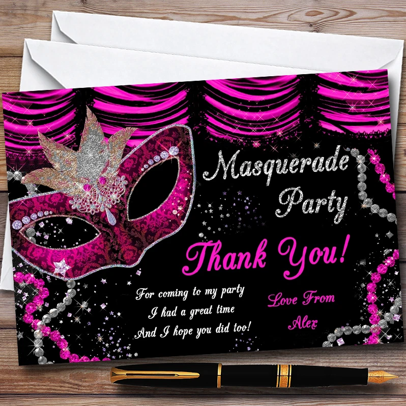 Pink & Black Mask Masquerade Ball Personalised Party Thank You Cards - Image 1 of 1
