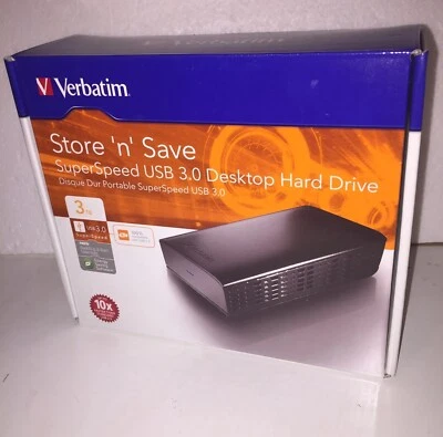 Verbatim Hard Drive 3Tb External Usb 3 Tera Fast Storage Save Data Pc  - Image 1 of 4