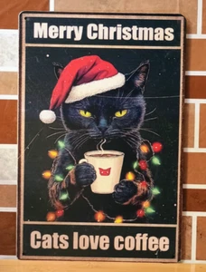 Insegna Latta Retro Natale Gatto Nero Amo Caffè Divertente Parete Negozio Poster Decorazione Arte - Foto 1 di 2