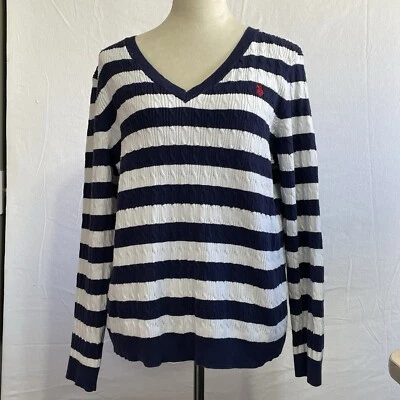 Suéter en V a Rayas Negrita 2X Blanco/Azul Tejido Textura EE. UU. Polo Assn Marca Clásico Foto 1 de 4