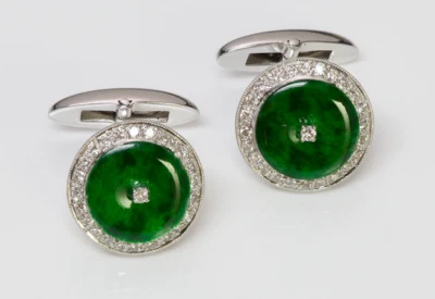 Vintage Round Shape Green Jade & Lab-Created White Diamonds 935 Silver Cufflinks - image 1 of 4