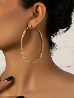 Women's Large Round Textured Twisted Gold Metal Hoop Dangle Drop Decor Earrings - Image 1 of 4