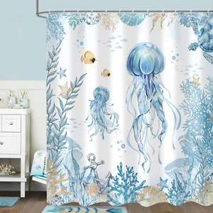 Ocean Jellyfish Shower Curtain Nautical Coral Sea Turtle Coastal Underwater Blue - Picture 1 of 12
