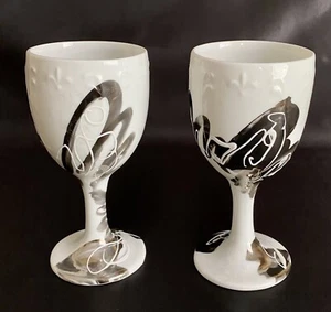 2 Nancy Bergman Hand Painted Silver/Metallic Luster/White Porcelain Goblets Rare - Picture 1 of 9