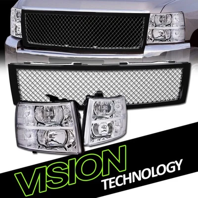 Chrome Headlights Parking Lamp Nb+Glossy Blk Mesh Grill For 07-13 Silverado 1500 - Image 1 of 4