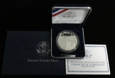 2005-P Marine Corps 230th Anniversary Silver Dollar Proof w/Original Box & COA - Image 1 of 4