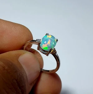 925 Sterling Silver Ethiopian Opal Ring Oval Cabochon October Birthstone Ring - Picture 1 of 10