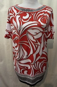 JM Collection Red White Black Floral Boat Neck Rhinestone Short Sleeve Blouse L - Picture 1 of 9