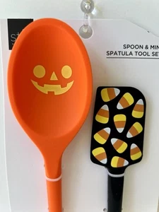 2 HALLOWEEN ORANGE PUMPKIN SILICONE SPOON BLACK MINI SPATULA CANDY CORN JOL - Picture 1 of 6