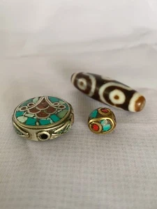 Vintage Tibetan Lot Of 3 Mosaic Bead Pendant - Picture 1 of 9