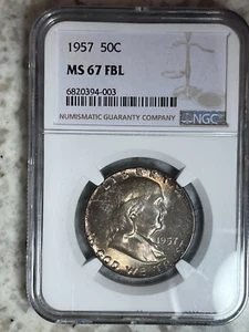 1957 NGC MS67FBL Full Bell Lines Franklin Half Dollar, PCGS $1,300 - Picture 1 of 10