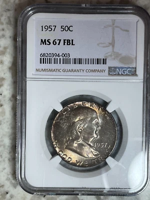 1957 NGC MS67FBL Full Bell Lines Franklin Half Dollar, PCGS $1,300 - Image 1 of 4