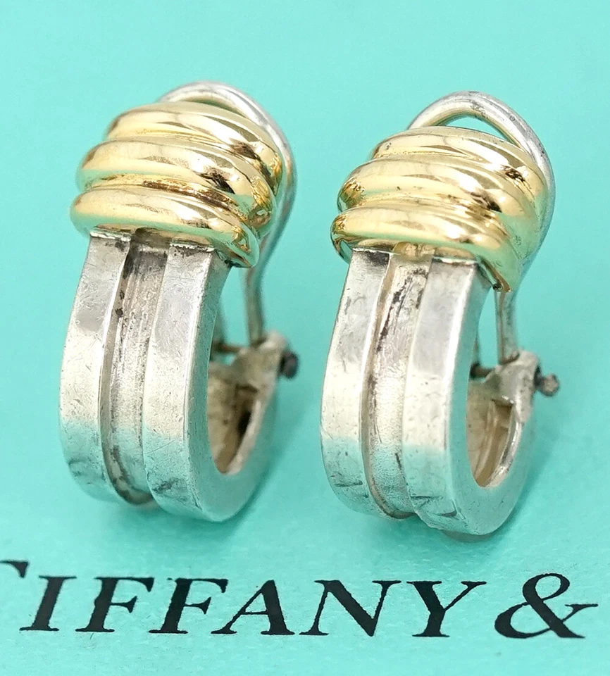 Tiffany & Co. Atlas Grooved Hoop Clip-On Earrings Silver 925 & 18k Gold 750 Auth - Image 1 of 4