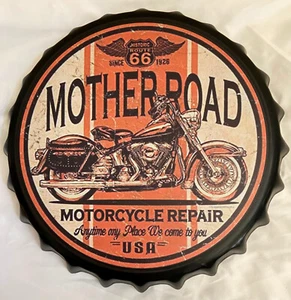 METAL BOTTLE CAP WALL ART:RT 66 MOTHER ROAD -14"CIRCULAR RESIN PAINT-1 lb-W/HOOK - Picture 1 of 5