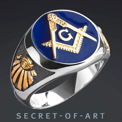 Masonic Ring Blue Lodge 925 Silver Freemason Masonry Gold-Plated All Seeing Eye - Image 1 of 4