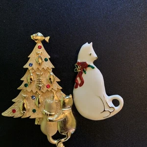 Menge 2 JJ + VERO Emaille + KATZEN & FISCHE Weihnachten BAUM STRASS Goldton VINTAGE - Bild 1 von 10