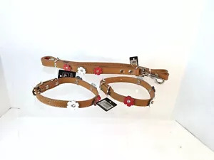 2 Hundehalsbänder Dogo braun Leder Blumen + Leine Set Gr. S - Beschreibung lesen - Bild 1 von 7