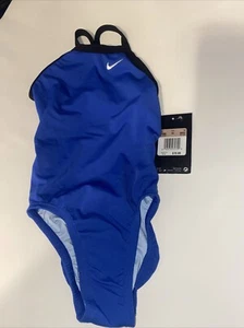 NWT Nike Size 20 Girls 5 One Piece Swimsuit Blue Black Racer back - Picture 1 of 6