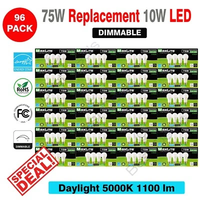 96 Pack Maxlite Dimmable LED 10W Daylight Light Bulb A19 75W replacement 5000K - Image 1 of 4