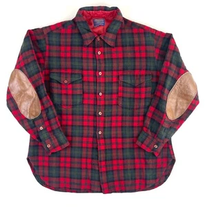 Pendleton Pure Wool Shirt Mens Sz 17.5 Red Green Tartan Plaid Elbow Patches VTG - Picture 1 of 16