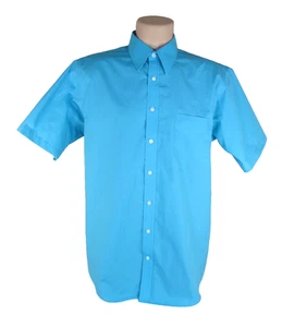 STAFFORD Mens 16 Reg Fit Aqua Short Sleeve Cotton-Blend Broadcloth Dress Shirt - Picture 1 of 7